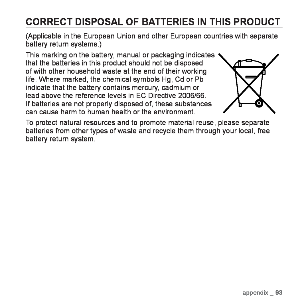 Samsung YP-Q1JCB/XEF, YP-Q1JEB/XEF, YP-Q1JCW/XEF, YP-Q1JAS/XEF, YP-Q1JES/EDC Correct Disposal Of Batteries In This Product 