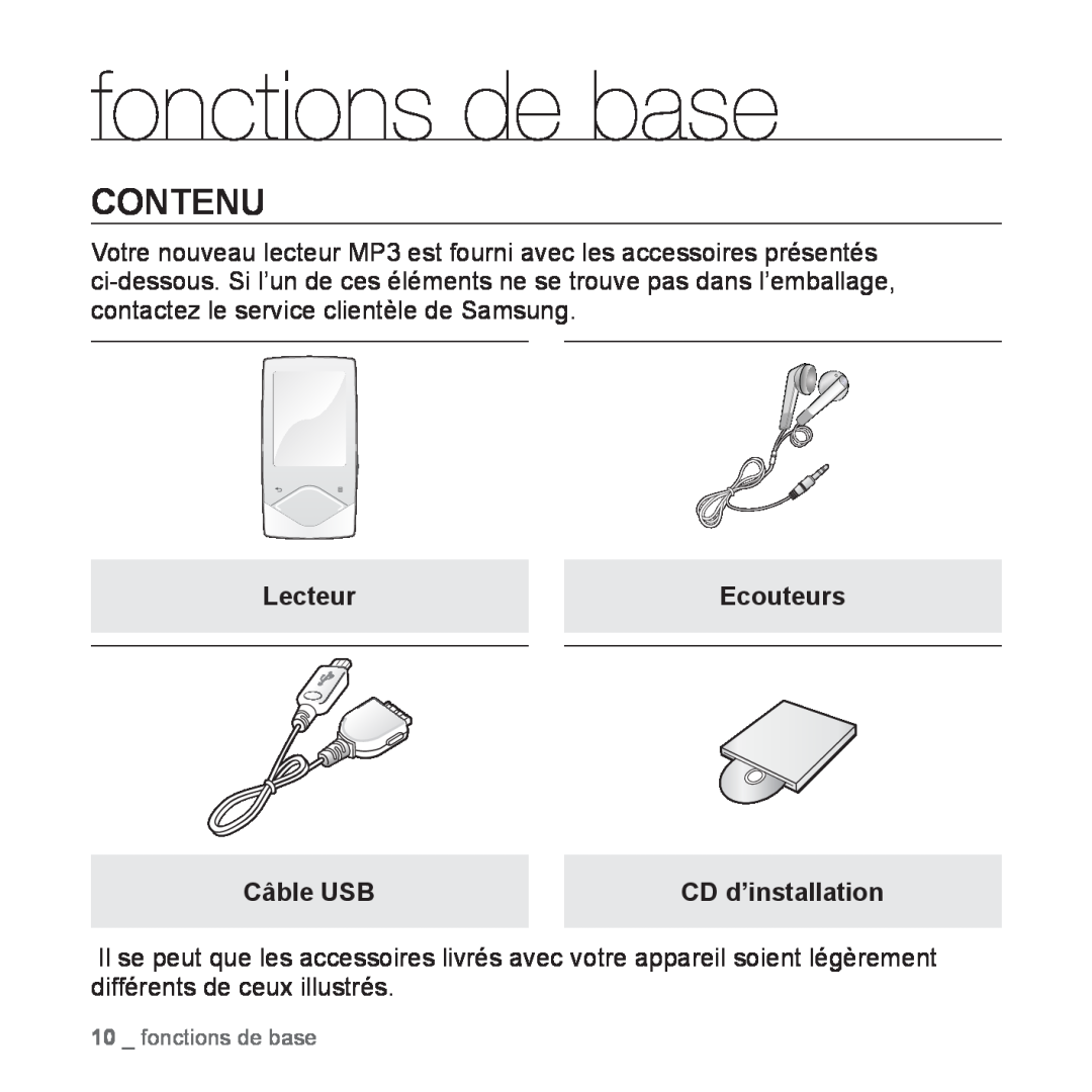 Samsung YP-Q1JAS/XEF, YP-Q1JEB/XEF, YP-Q1JCW/XEF, YP-Q1JCB/XEF manual fonctions de base, Contenu 