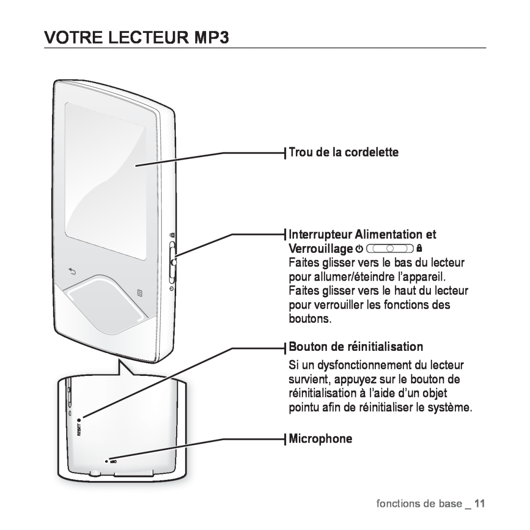 Samsung YP-Q1JCB/XEF manual VOTRE LECTEUR MP3, Trou de la cordelette Interrupteur Alimentation et Verrouillage, Microphone 