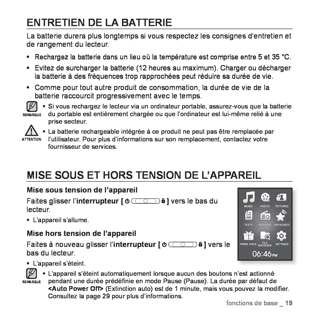 Samsung YP-Q1JCB/XEF Entretien De La Batterie, Mise Sous Et Hors Tension De L’Appareil, Mise sous tension de l’appareil 