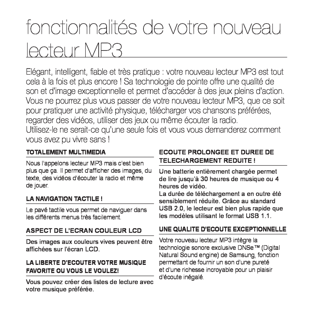 Samsung YP-Q1JAS/XEF manual fonctionnalités de votre nouveau lecteur MP3, Totalement Multimedia, La Navigation Tactile 