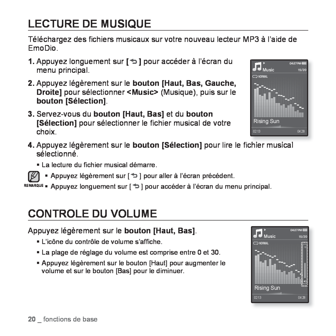 Samsung YP-Q1JEB/XEF, YP-Q1JCW/XEF, YP-Q1JAS/XEF, YP-Q1JCB/XEF manual Lecture De Musique, Controle Du Volume 