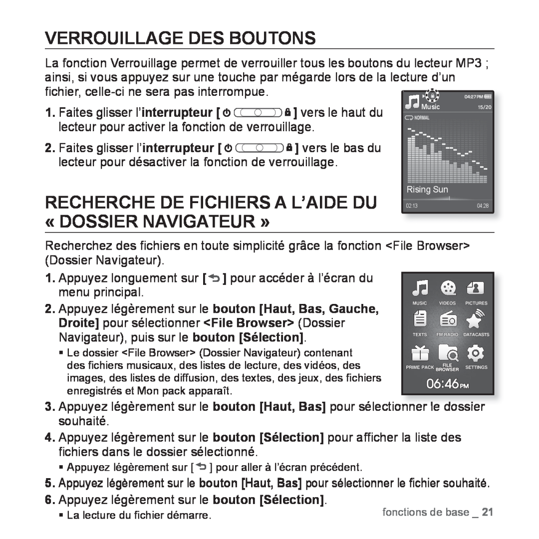 Samsung YP-Q1JCW/XEF manual fonctions de base, Rising Sun, Music, menu principal, 02130428, Verrouillage Des Boutons 