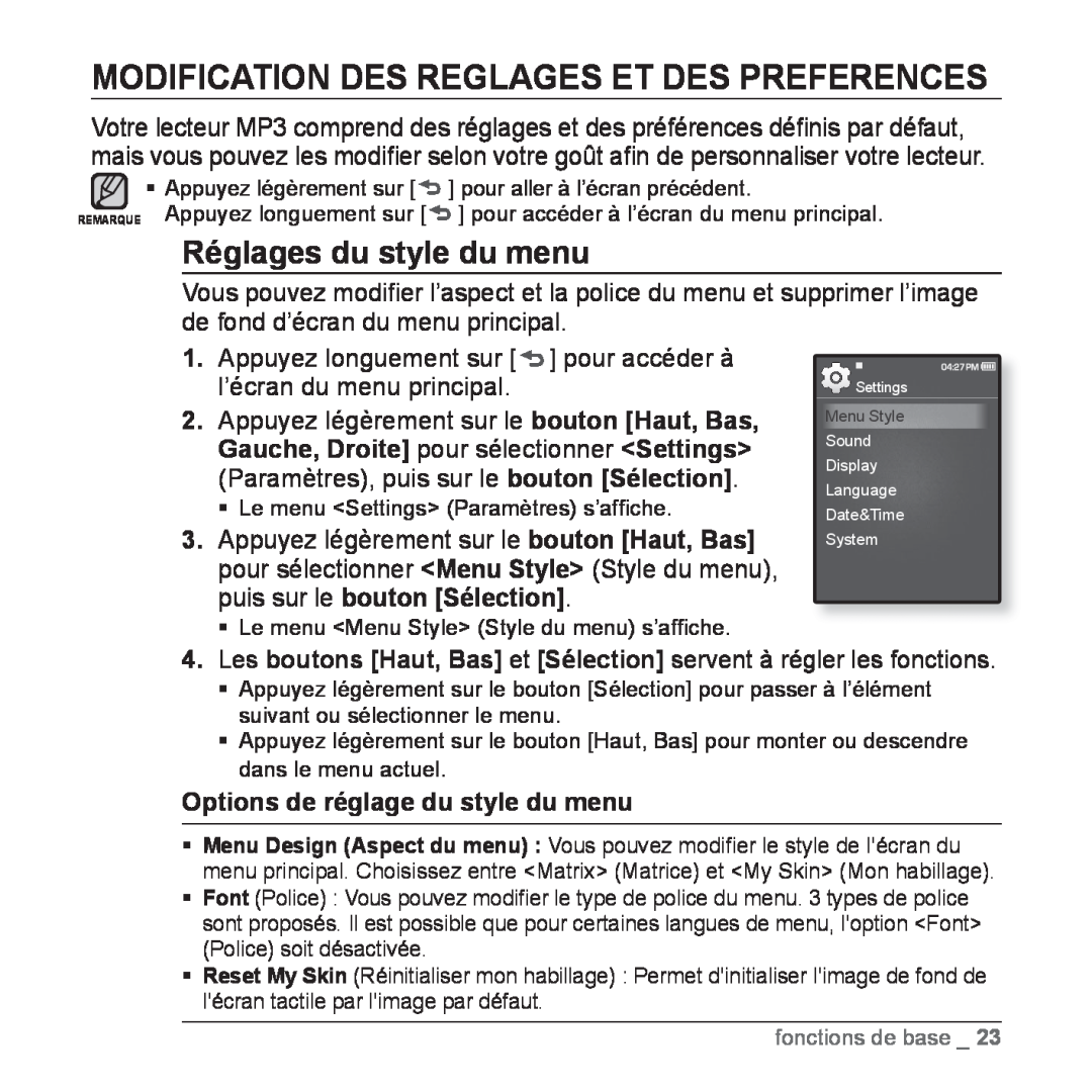 Samsung YP-Q1JCB/XEF manual Modification Des Reglages Et Des Preferences, Réglages du style du menu, fonctions de base 