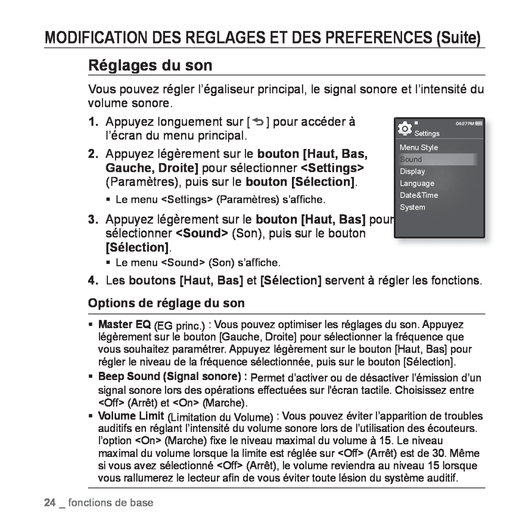 Samsung YP-Q1JEB/XEF manual MODIFICATION DES REGLAGES ET DES PREFERENCES Suite Réglages du son, Options de réglage du son 