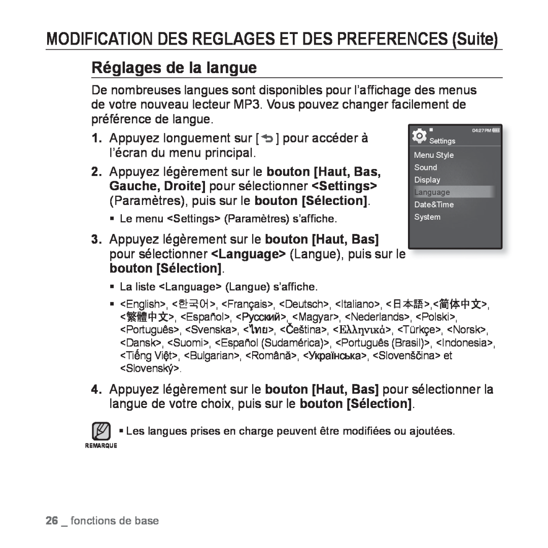 Samsung YP-Q1JAS/XEF manual Réglages de la langue, MODIFICATION DES REGLAGES ET DES PREFERENCES Suite, fonctions de base 
