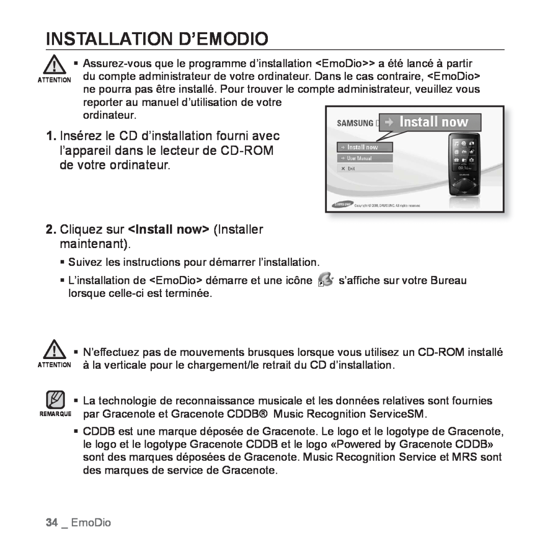 Samsung YP-Q1JAS/XEF, YP-Q1JEB/XEF manual Installation D’Emodio, Cliquez sur Install now Installer maintenant, EmoDio 