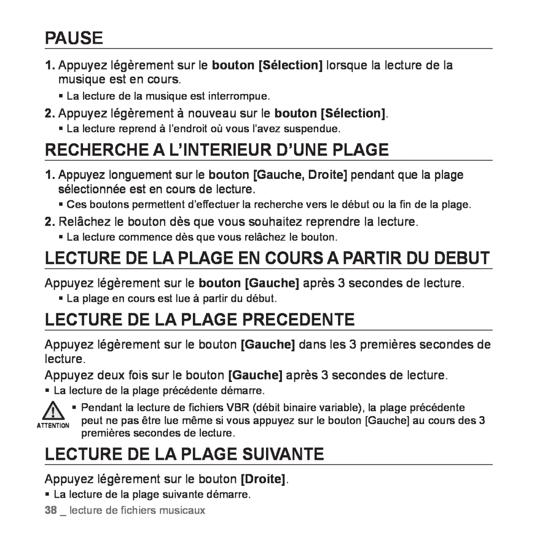 Samsung YP-Q1JAS/XEF manual Pause, Recherche A L’Interieur D’Une Plage, Lecture De La Plage En Cours A Partir Du Debut 