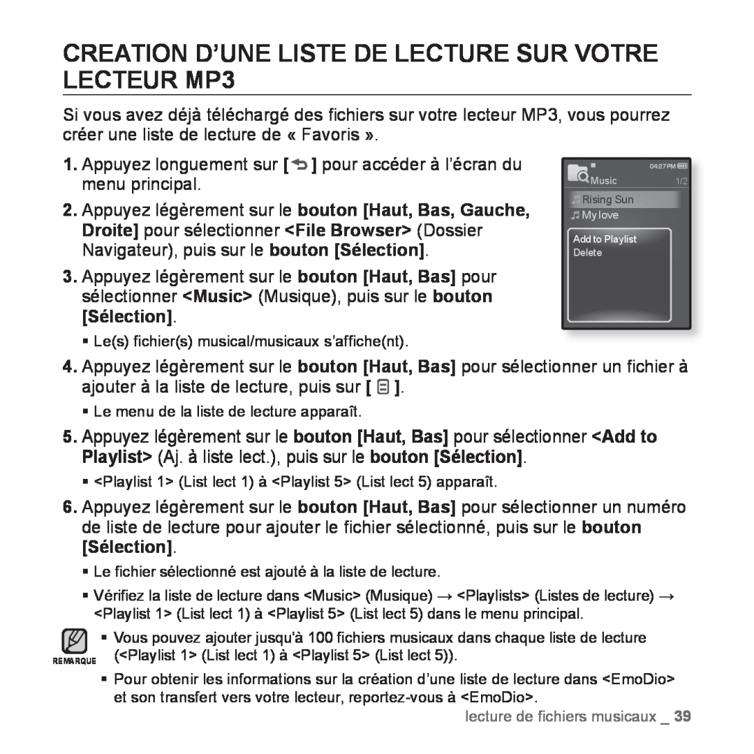 Samsung YP-Q1JCB/XEF, YP-Q1JEB/XEF, YP-Q1JCW/XEF, YP-Q1JAS/XEF manual CREATION D’UNE LISTE DE LECTURE SUR VOTRE LECTEUR MP3 