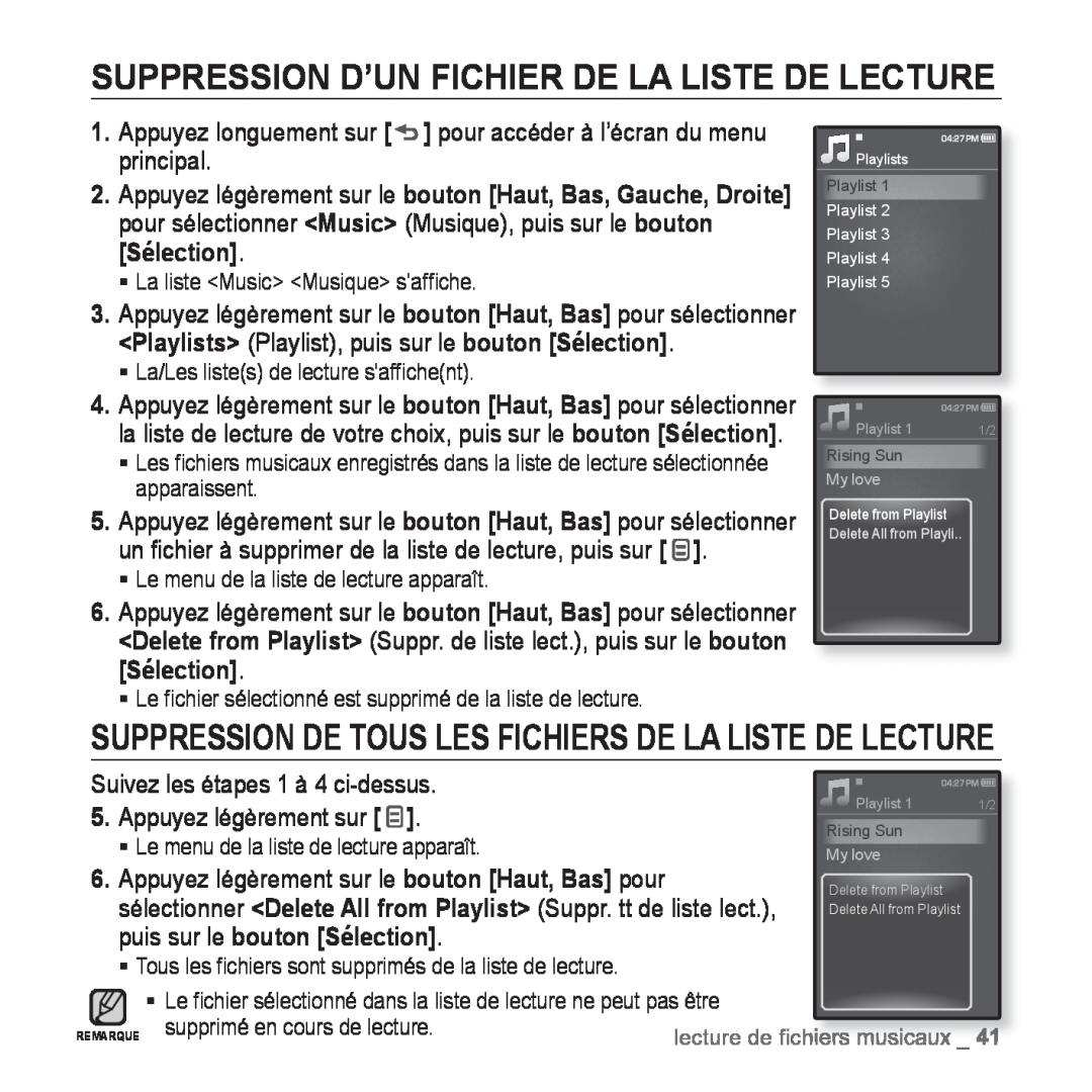 Samsung YP-Q1JCW/XEF, YP-Q1JEB/XEF, YP-Q1JAS/XEF, YP-Q1JCB/XEF manual Suppression D’Un Fichier De La Liste De Lecture 