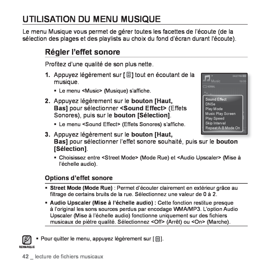 Samsung YP-Q1JAS/XEF, YP-Q1JEB/XEF, YP-Q1JCW/XEF, YP-Q1JCB/XEF manual Utilisation Du Menu Musique, Régler l’effet sonore 