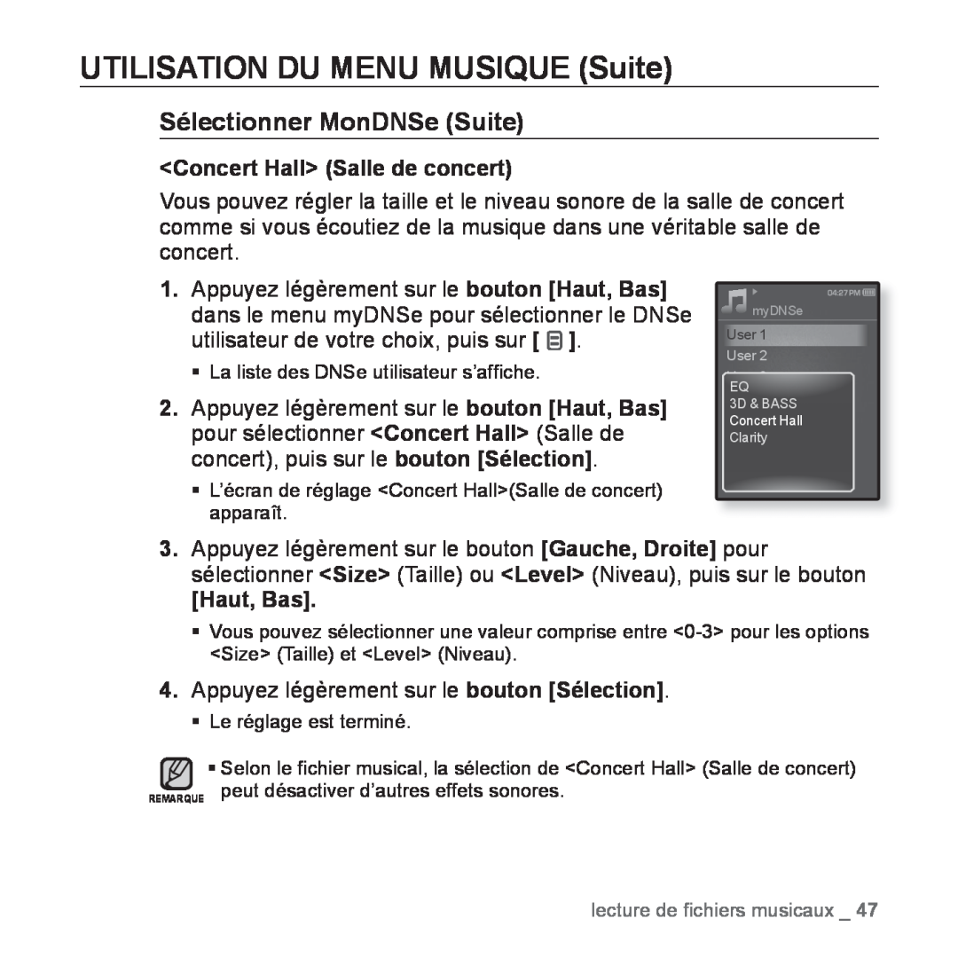 Samsung YP-Q1JCB/XEF manual UTILISATION DU MENU MUSIQUE Suite, Sélectionner MonDNSe Suite, Concert Hall Salle de concert 