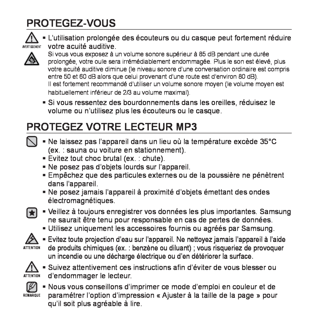 Samsung YP-Q1JCW/XEF, YP-Q1JEB/XEF manual PROTEGEZ VOTRE LECTEUR MP3, Protegez-Vous, ƒ Evitez tout choc brutal ex. chute 