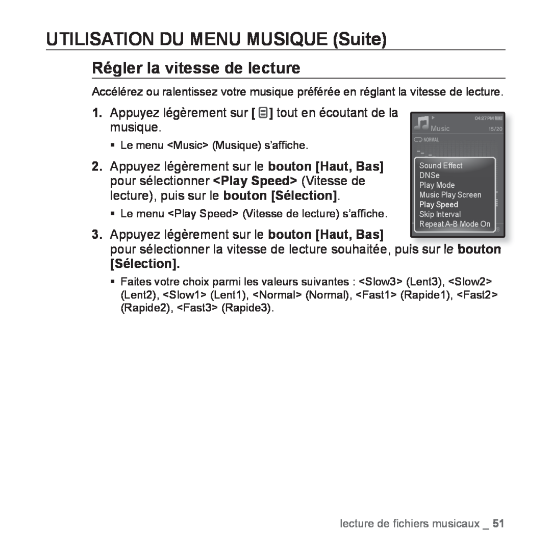 Samsung YP-Q1JCB/XEF, YP-Q1JEB/XEF manual Régler la vitesse de lecture, UTILISATION DU MENU MUSIQUE Suite, Rising Sun 