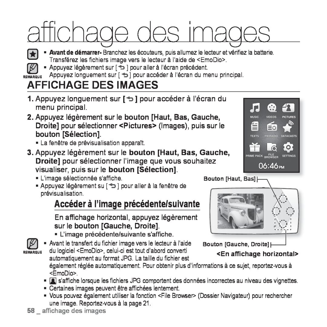 Samsung YP-Q1JAS/XEF, YP-Q1JEB/XEF manual afﬁchage des images, Affichage Des Images, Accéder à l’image précédente/suivante 