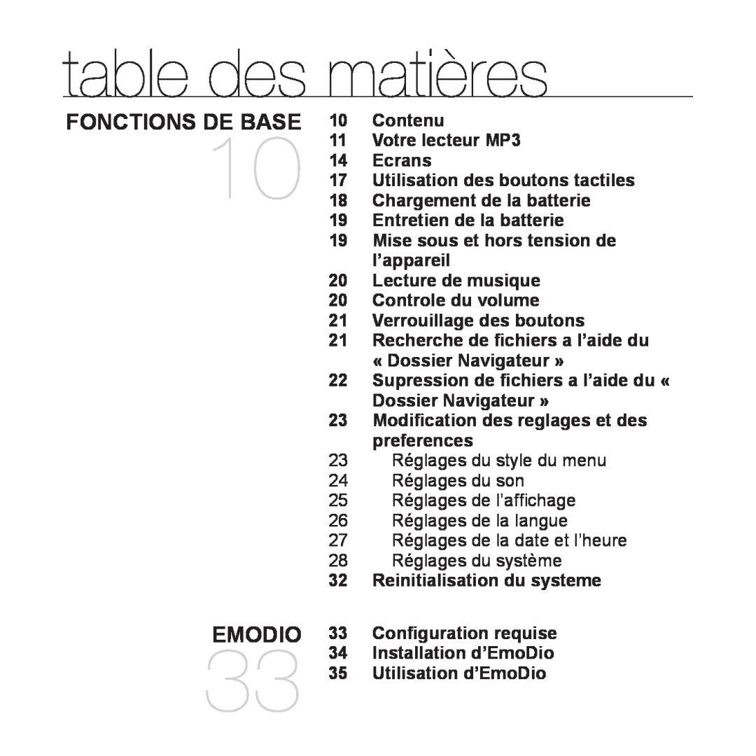 Samsung YP-Q1JAS/XEF, YP-Q1JEB/XEF, YP-Q1JCW/XEF, YP-Q1JCB/XEF manual table des matières, FONCTIONS DE BASE 10 Contenu, Emodio 