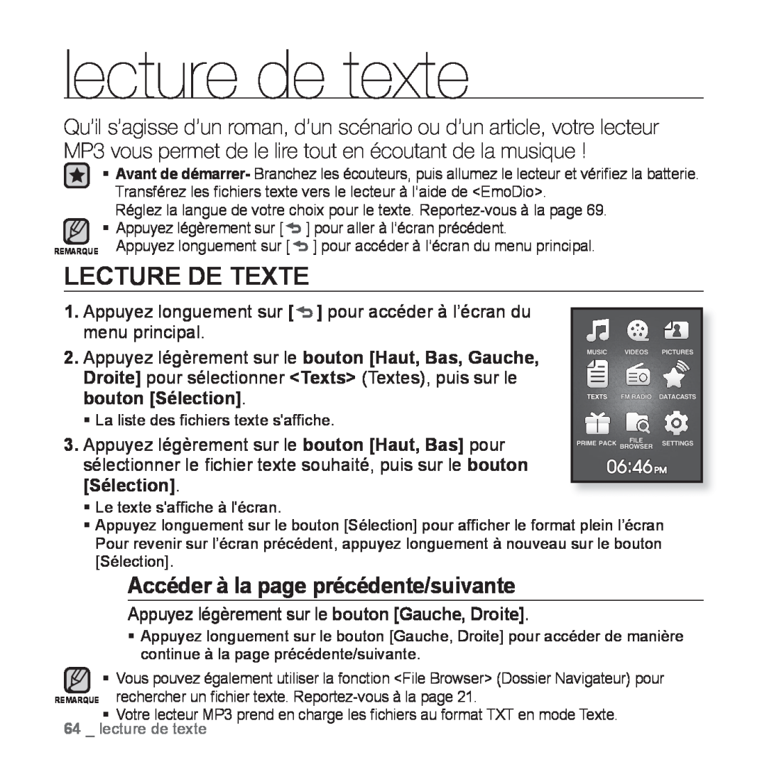 Samsung YP-Q1JEB/XEF, YP-Q1JCW/XEF, YP-Q1JAS/XEF lecture de texte, Lecture De Texte, Accéder à la page précédente/suivante 