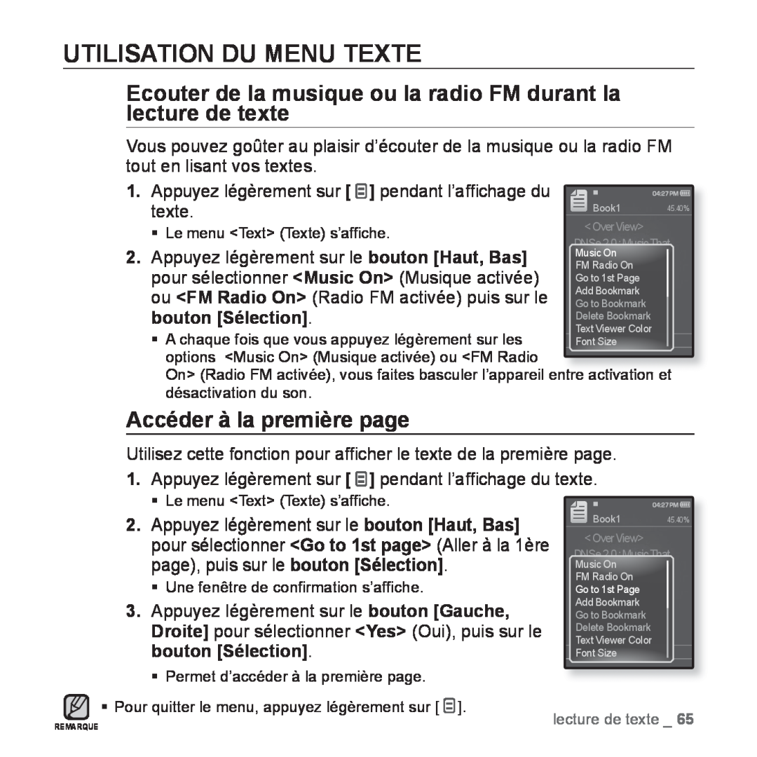 Samsung YP-Q1JCW/XEF manual Utilisation Du Menu Texte, Ecouter de la musique ou la radio FM durant la lecture de texte 