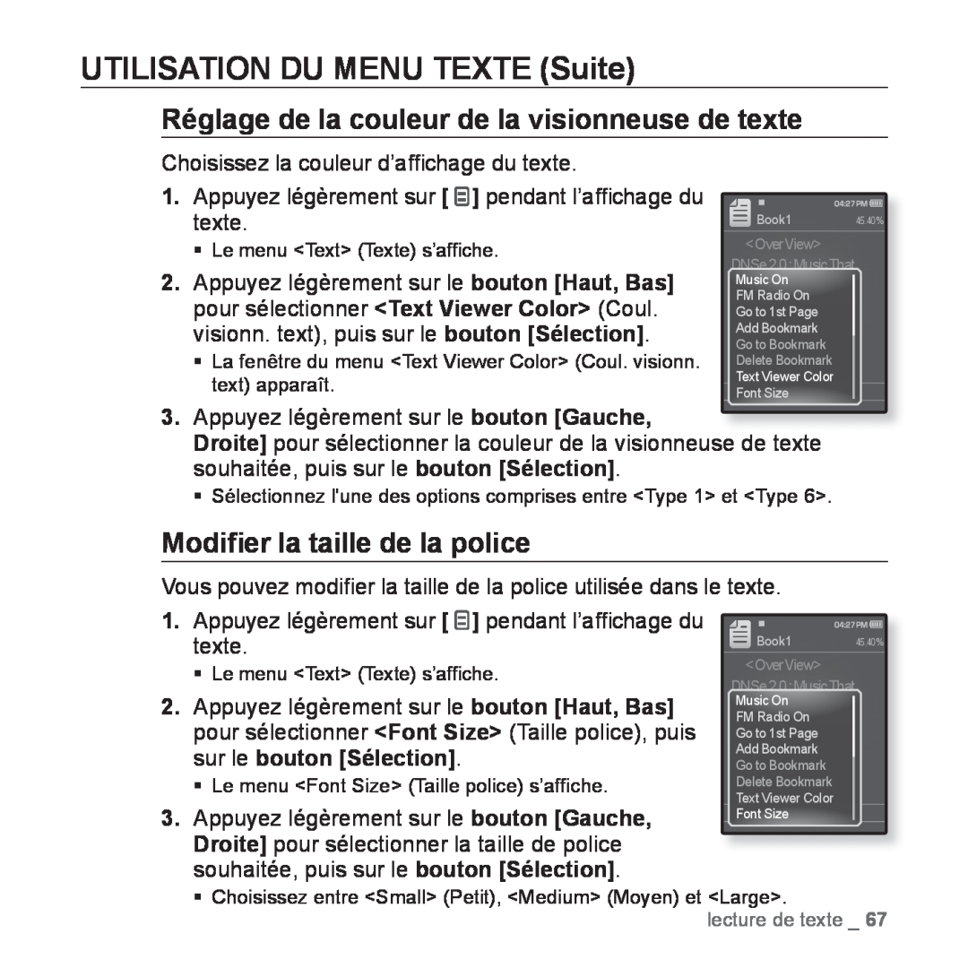 Samsung YP-Q1JCB/XEF, YP-Q1JEB/XEF manual Réglage de la couleur de la visionneuse de texte, Modiﬁer la taille de la police 