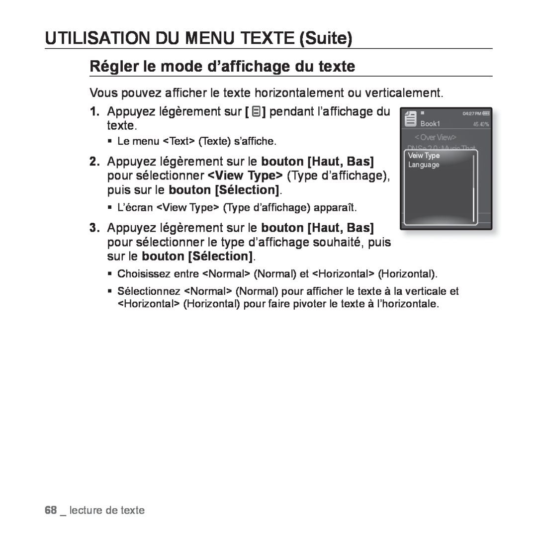 Samsung YP-Q1JEB/XEF, YP-Q1JCW/XEF Régler le mode d’afﬁchage du texte, UTILISATION DU MENU TEXTE Suite, lecture de texte 