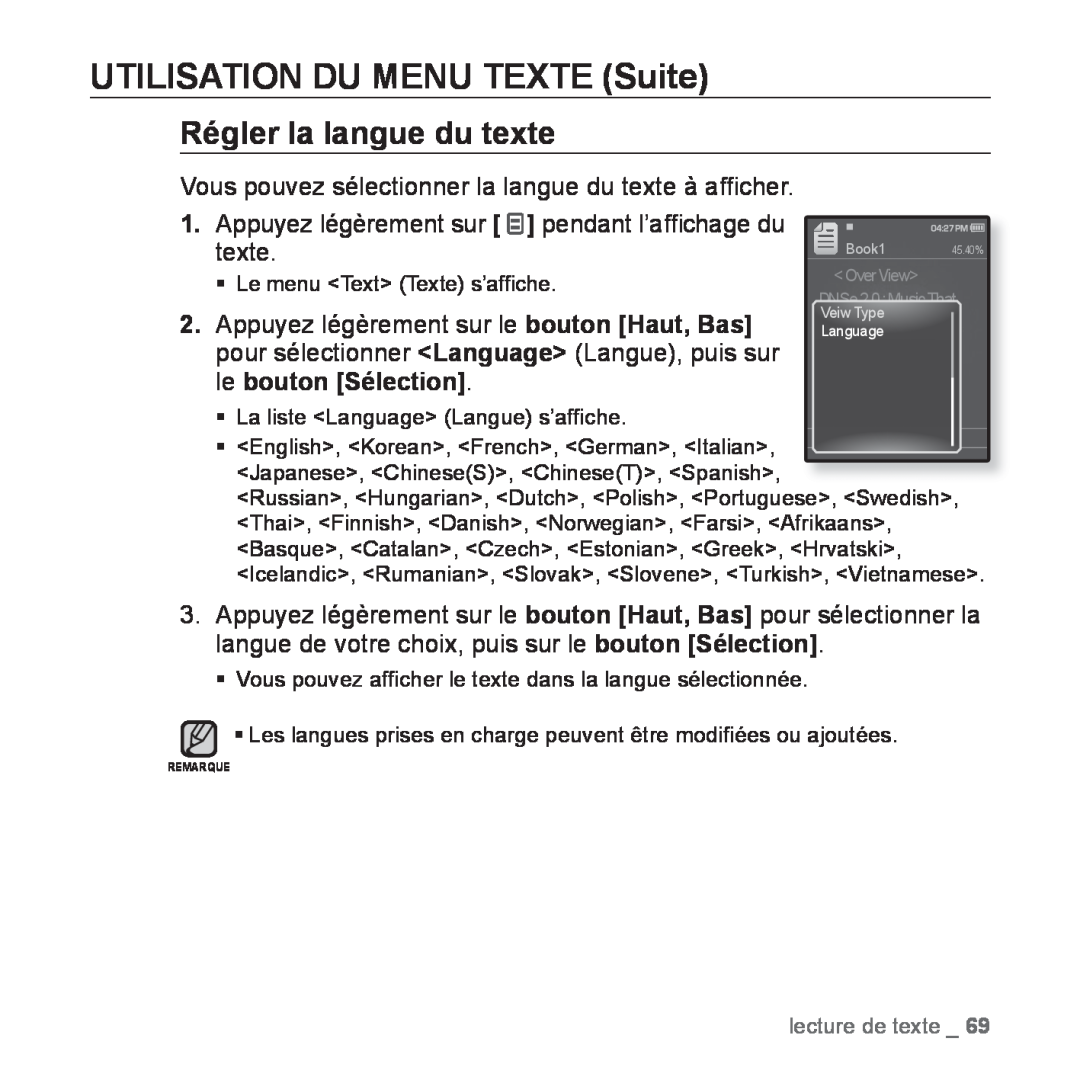 Samsung YP-Q1JCW/XEF, YP-Q1JEB/XEF, YP-Q1JAS/XEF, YP-Q1JCB/XEF Régler la langue du texte, UTILISATION DU MENU TEXTE Suite 