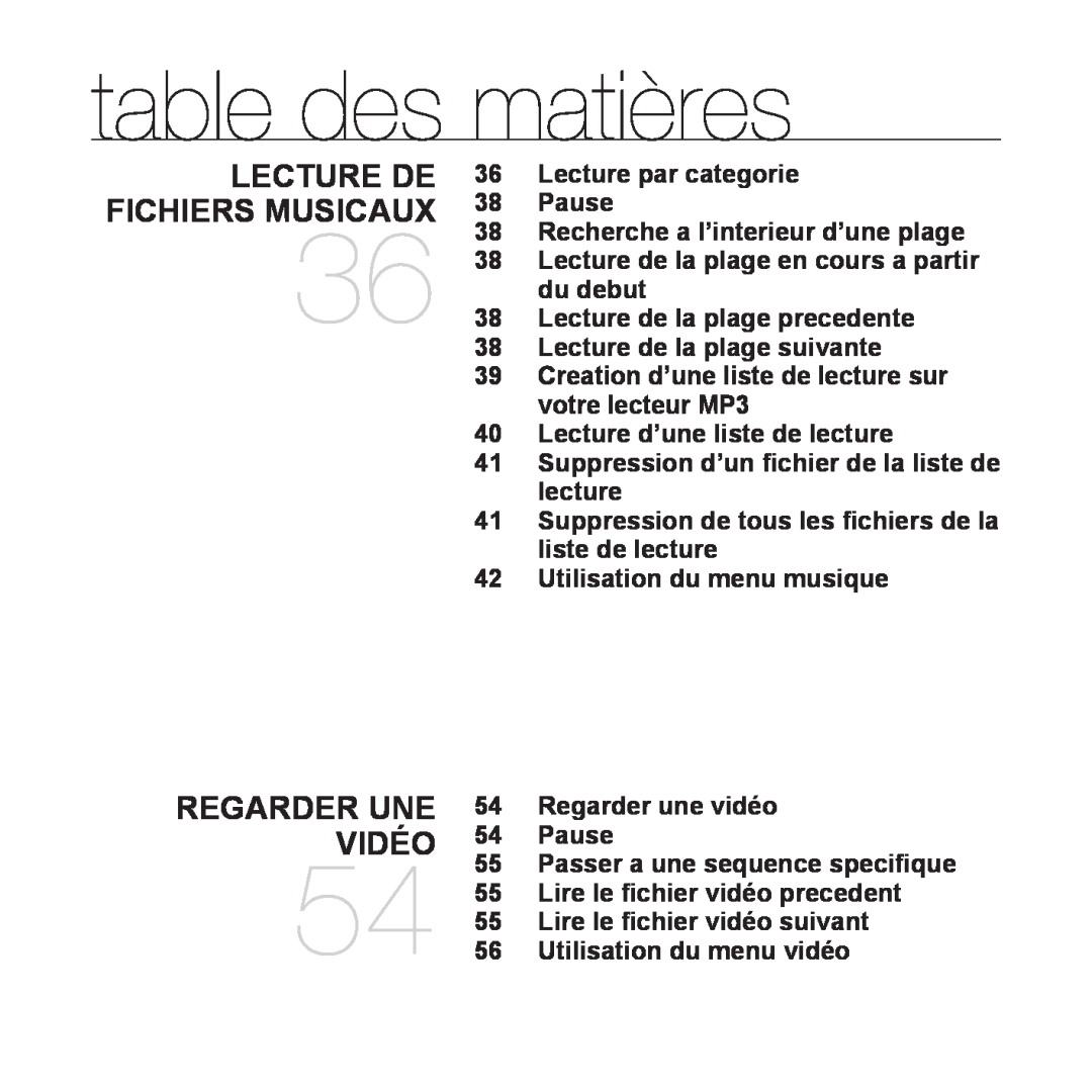 Samsung YP-Q1JCB/XEF, YP-Q1JEB/XEF, YP-Q1JCW/XEF manual Lecture De Fichiers Musicaux, Regarder Une Vidéo, table des matières 