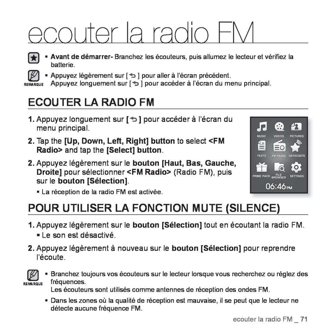 Samsung YP-Q1JCB/XEF, YP-Q1JEB/XEF manual ecouter la radio FM, Ecouter La Radio Fm, Pour Utiliser La Fonction Mute Silence 