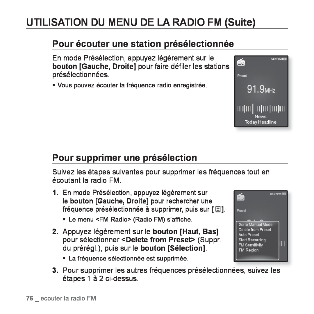 Samsung YP-Q1JEB/XEF manual Pour écouter une station présélectionnée, Pour supprimer une présélection, ecouter la radio FM 