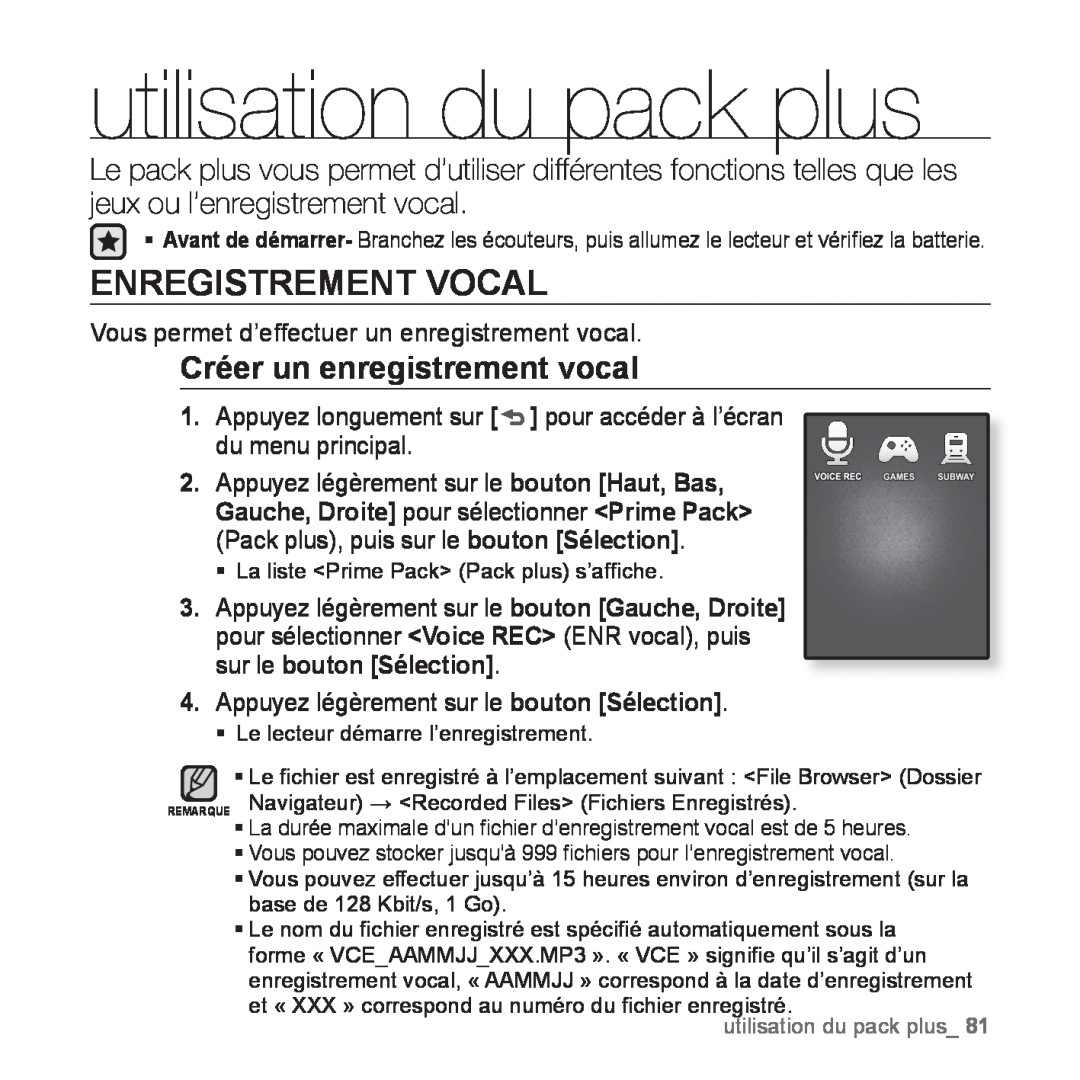 Samsung YP-Q1JCW/XEF, YP-Q1JEB/XEF manual utilisation du pack plus, Enregistrement Vocal, Créer un enregistrement vocal 