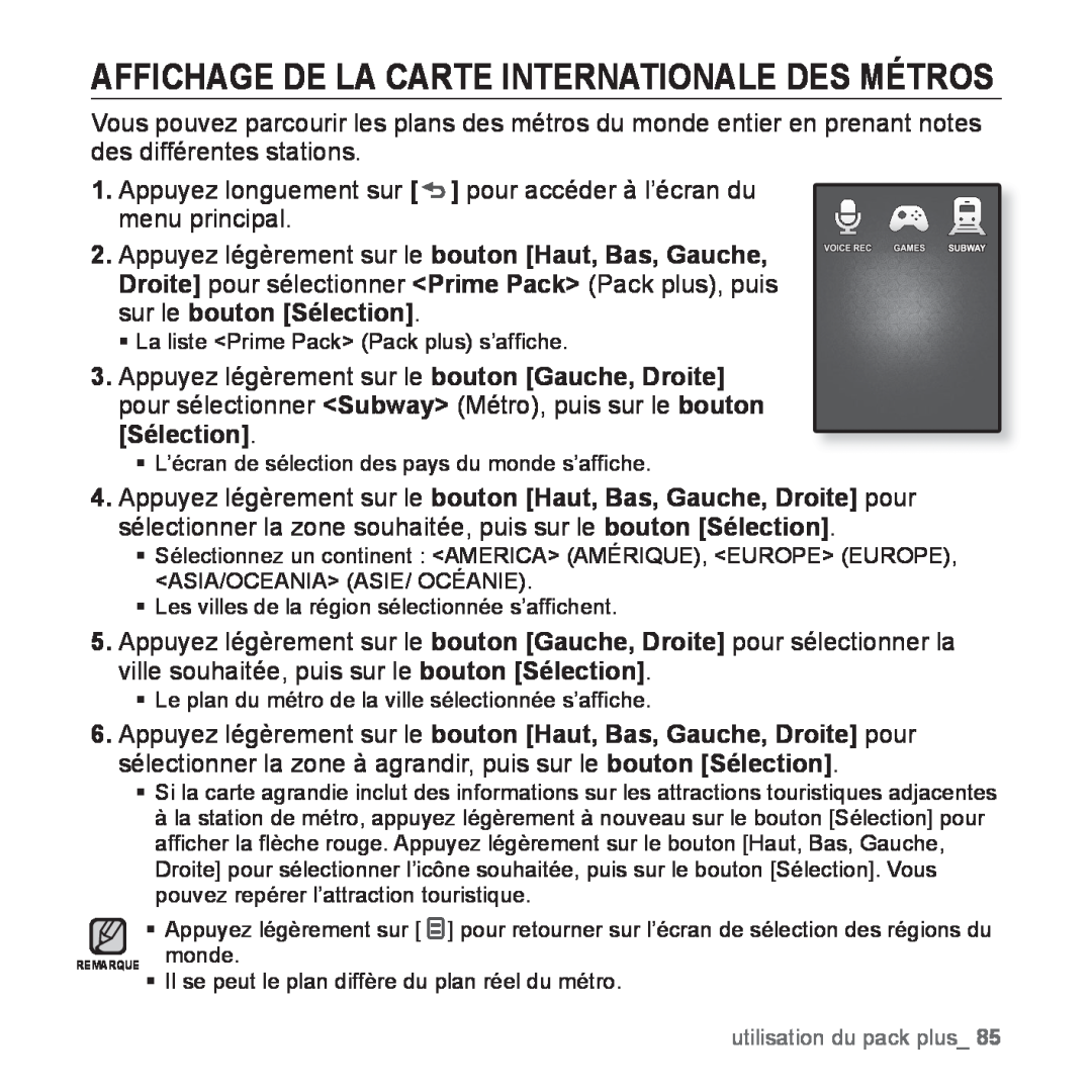 Samsung YP-Q1JCW/XEF, YP-Q1JEB/XEF, YP-Q1JAS/XEF manual Affichage De La Carte Internationale Des Métros, REMARQUE monde 