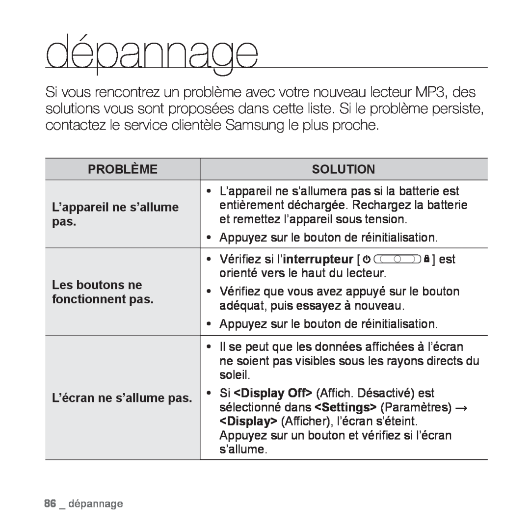 Samsung YP-Q1JAS/XEF, YP-Q1JEB/XEF dépannage, Problème, Solution, L’appareil ne s’allume, Les boutons ne, fonctionnent pas 