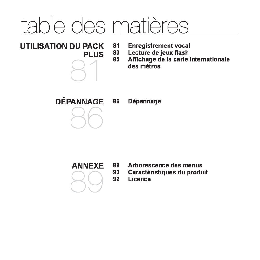 Samsung YP-Q1JCW/XEF, YP-Q1JEB/XEF, YP-Q1JAS/XEF manual Utilisation Du Pack Plus, Dépannage, Annexe, table des matières 