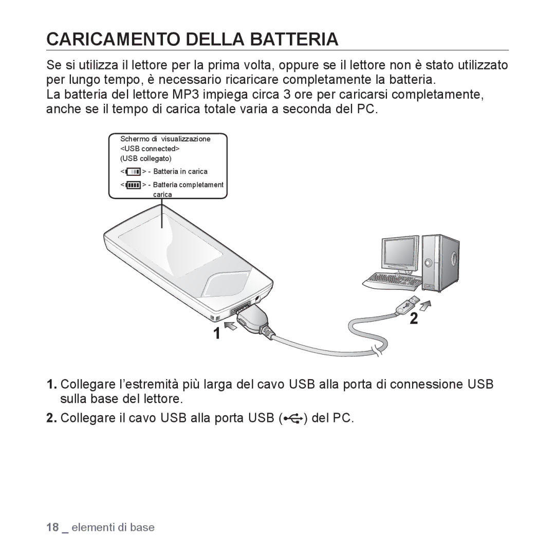 Samsung YP-Q1JEB/EDC, YP-Q1JES/EDC, YP-Q1JCS/EDC, YP-Q1JCB/EDC, YP-Q1JAS/EDC, YP-Q1JCW/EDC manual Caricamento Della Batteria 