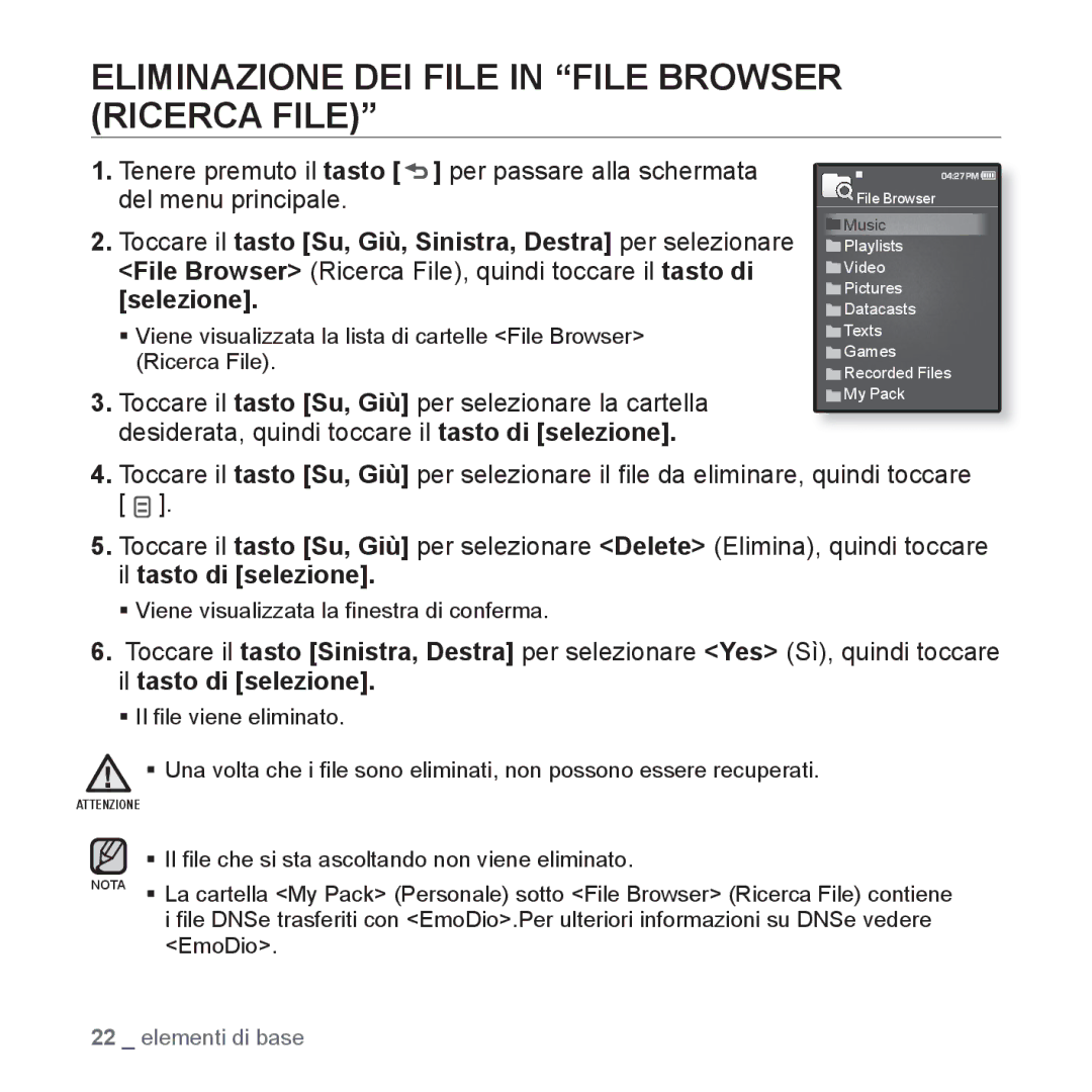 Samsung YP-Q1JAW/EDC, YP-Q1JES/EDC, YP-Q1JCS/EDC, YP-Q1JEB/EDC manual Eliminazione DEI File in File Browser Ricerca File 