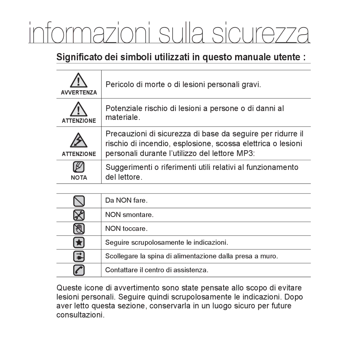 Samsung YP-Q1JCB/EDC, YP-Q1JES/EDC, YP-Q1JCS/EDC, YP-Q1JEB/EDC Signiﬁcato dei simboli utilizzati in questo manuale utente 