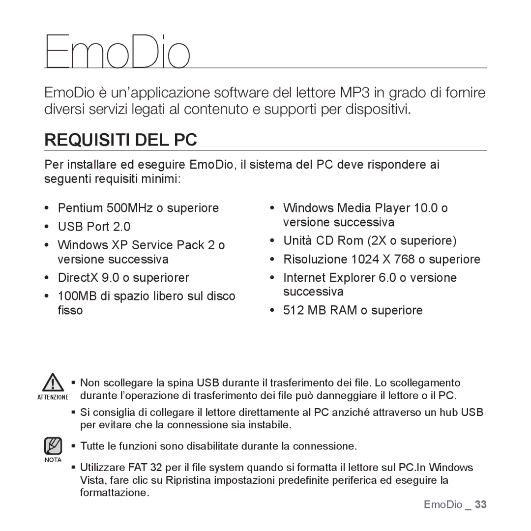 Samsung YP-Q1JCS/EDC, YP-Q1JES/EDC, YP-Q1JEB/EDC, YP-Q1JCB/EDC, YP-Q1JAS/EDC, YP-Q1JCW/EDC manual EmoDio, Requisiti DEL PC 