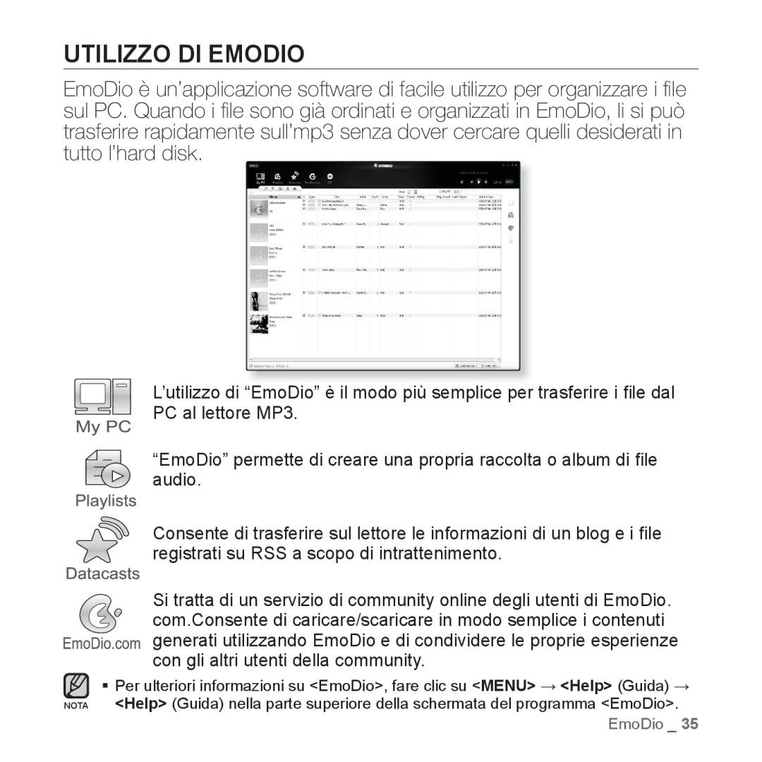 Samsung YP-Q1JCB/EDC, YP-Q1JES/EDC, YP-Q1JCS/EDC, YP-Q1JEB/EDC, YP-Q1JAS/EDC, YP-Q1JCW/EDC, YP-Q1JAW/EDC Utilizzo DI Emodio 