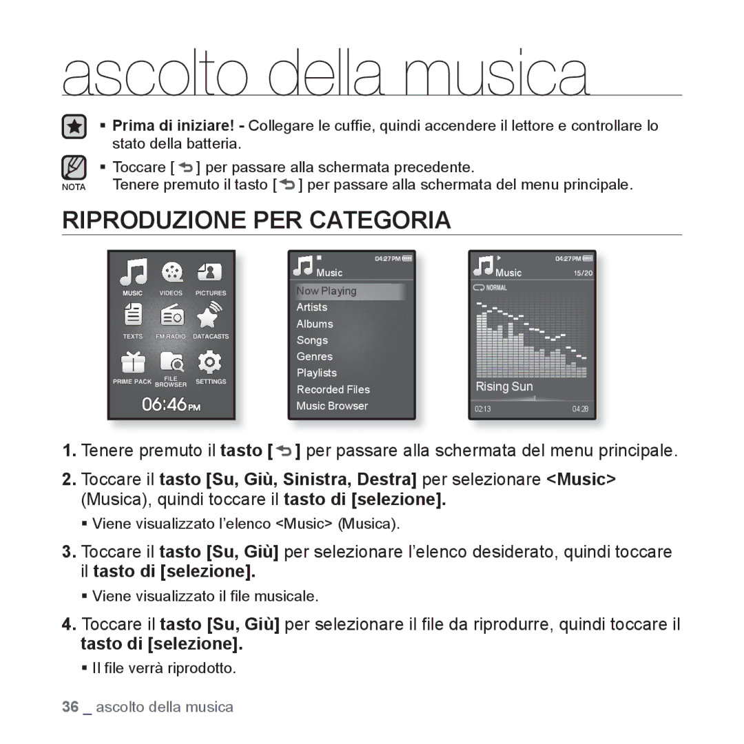 Samsung YP-Q1JAS/EDC, YP-Q1JES/EDC, YP-Q1JCS/EDC, YP-Q1JEB/EDC, YP-Q1JCB/EDC Ascolto della musica, Riproduzione PER Categoria 