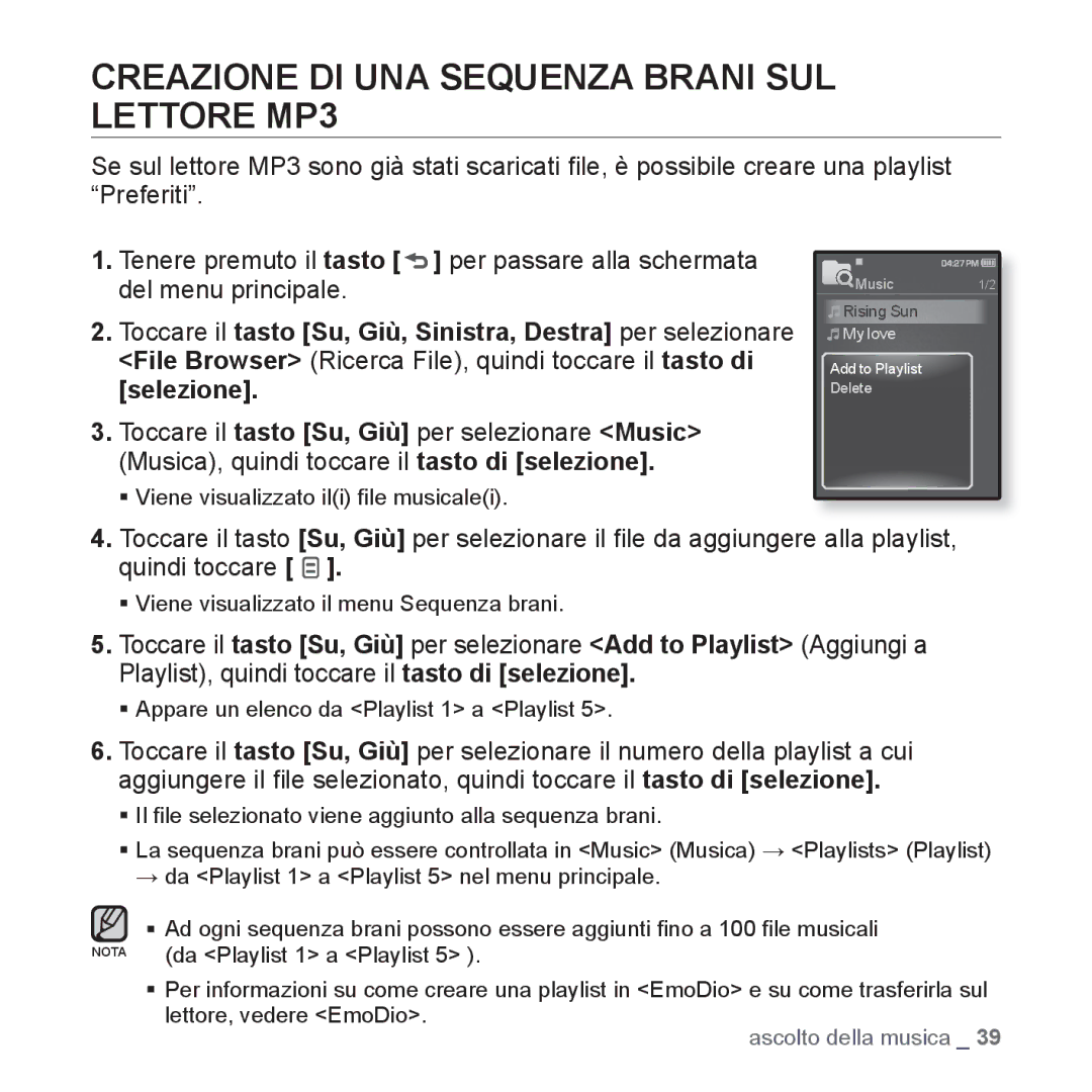 Samsung YP-Q1JAB/EDC, YP-Q1JES/EDC, YP-Q1JCS/EDC, YP-Q1JEB/EDC, YP-Q1JCB/EDC Creazione DI UNA Sequenza Brani SUL Lettore MP3 