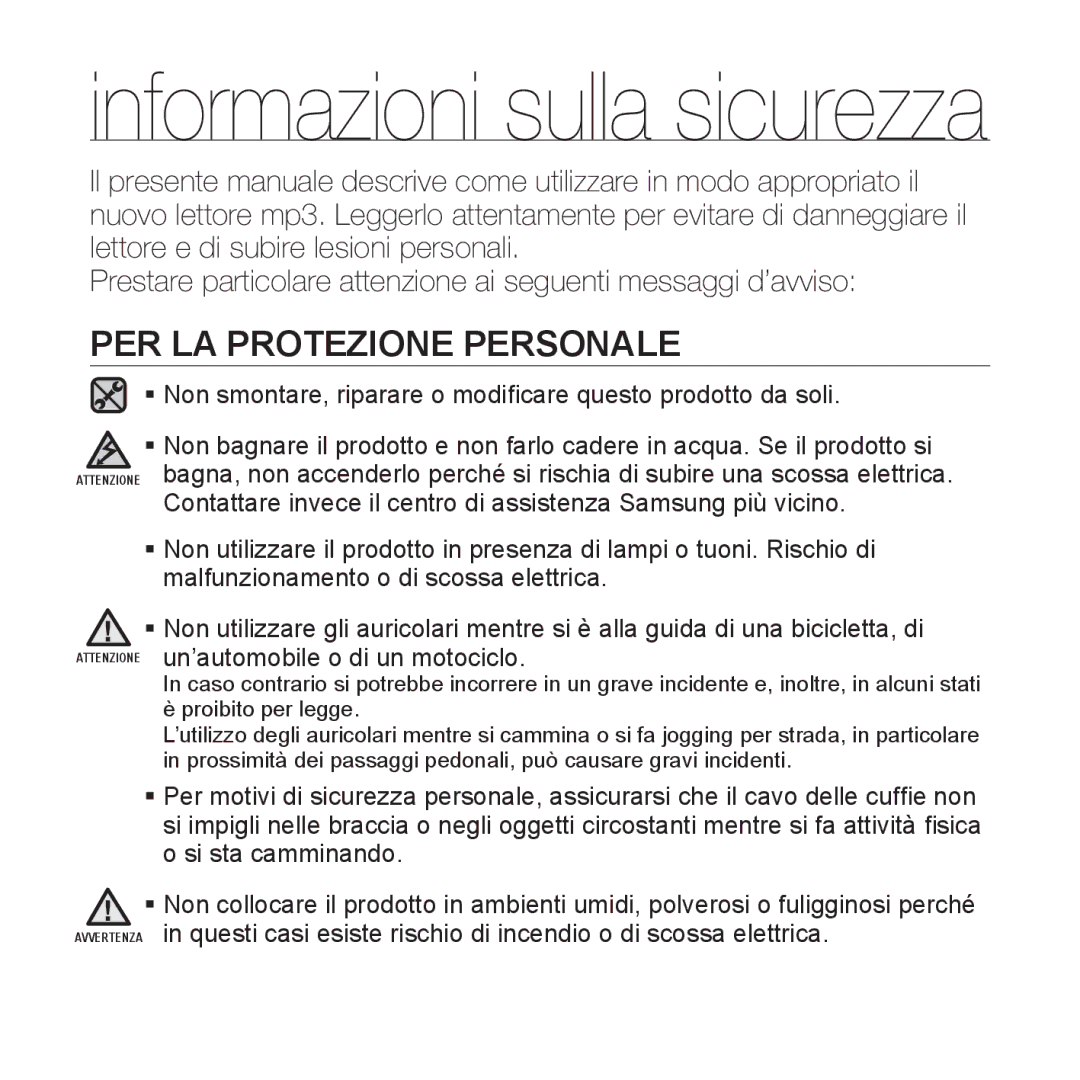 Samsung YP-Q1JAS/EDC, YP-Q1JES/EDC, YP-Q1JCS/EDC, YP-Q1JEB/EDC, YP-Q1JCB/EDC, YP-Q1JCW/EDC manual PER LA Protezione Personale 