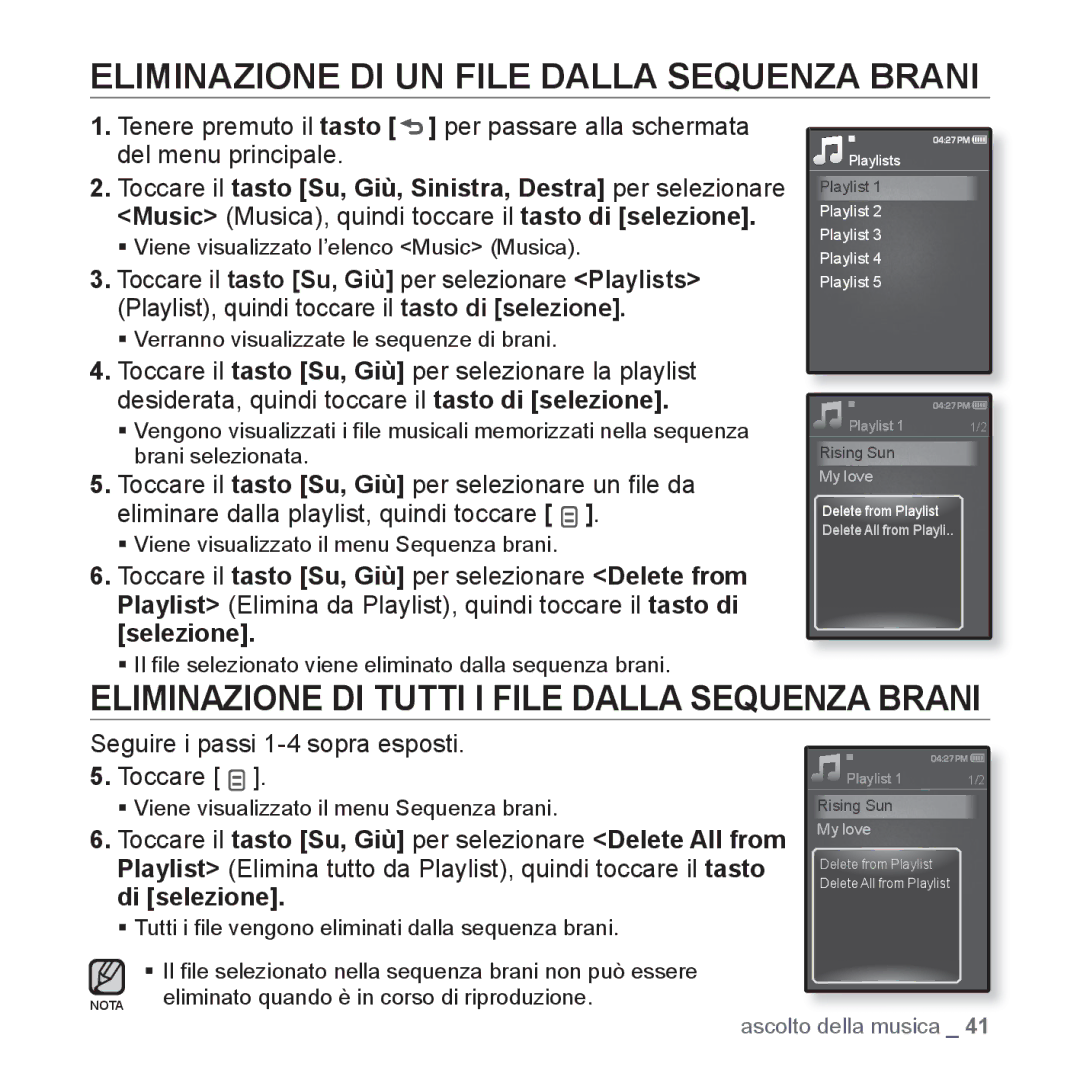 Samsung YP-Q1JCS/EDC manual Eliminazione DI UN File Dalla Sequenza Brani, Eliminazione DI Tutti I File Dalla Sequenza Brani 