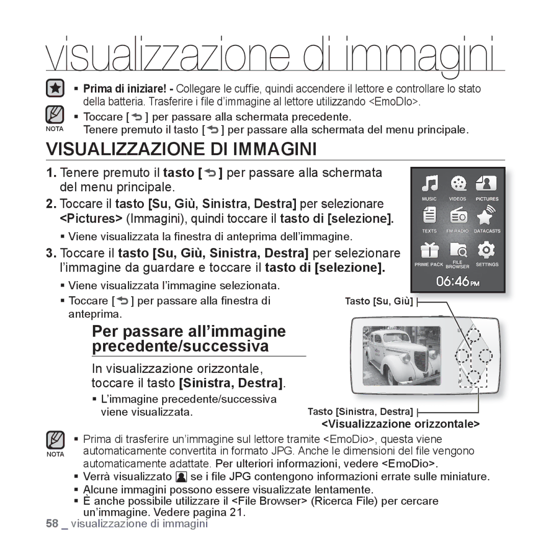 Samsung YP-Q1JEB/EDC, YP-Q1JES/EDC manual Visualizzazione DI Immagini, Per passare all’immagine precedente/successiva 