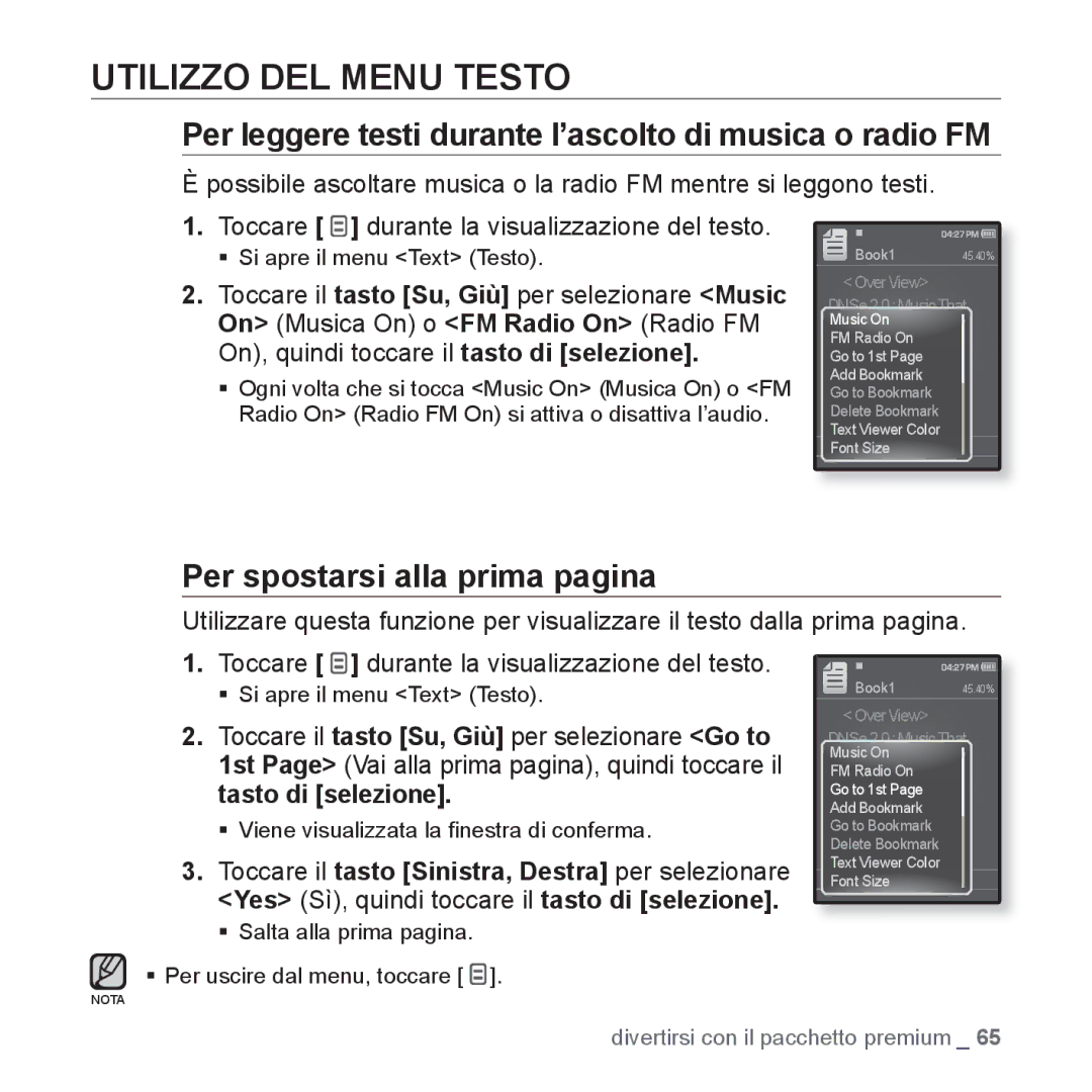 Samsung YP-Q1JCS/EDC, YP-Q1JES/EDC manual Utilizzo DEL Menu Testo, Per leggere testi durante l’ascolto di musica o radio FM 