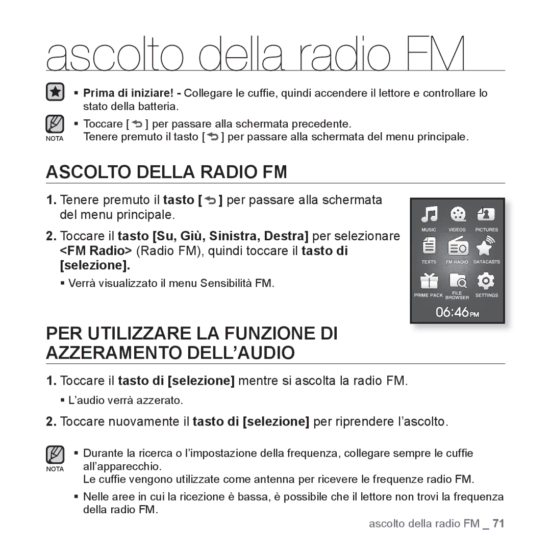 Samsung YP-Q1JAB/EDC Ascolto della radio FM, Ascolto Della Radio FM, PER Utilizzare LA Funzione DI Azzeramento DELL’AUDIO 