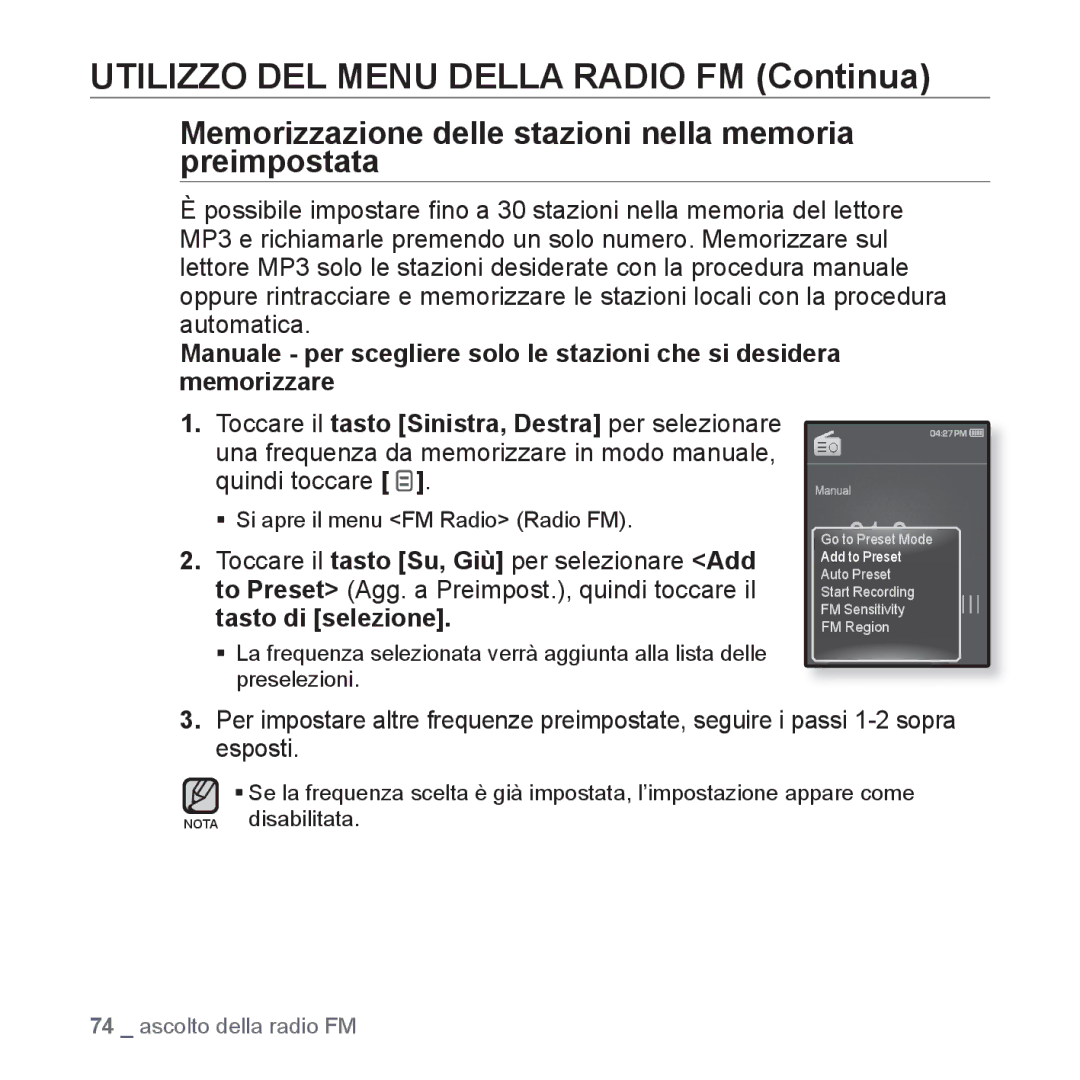 Samsung YP-Q1JEB/EDC Utilizzo DEL Menu Della Radio FM Continua, Memorizzazione delle stazioni nella memoria preimpostata 