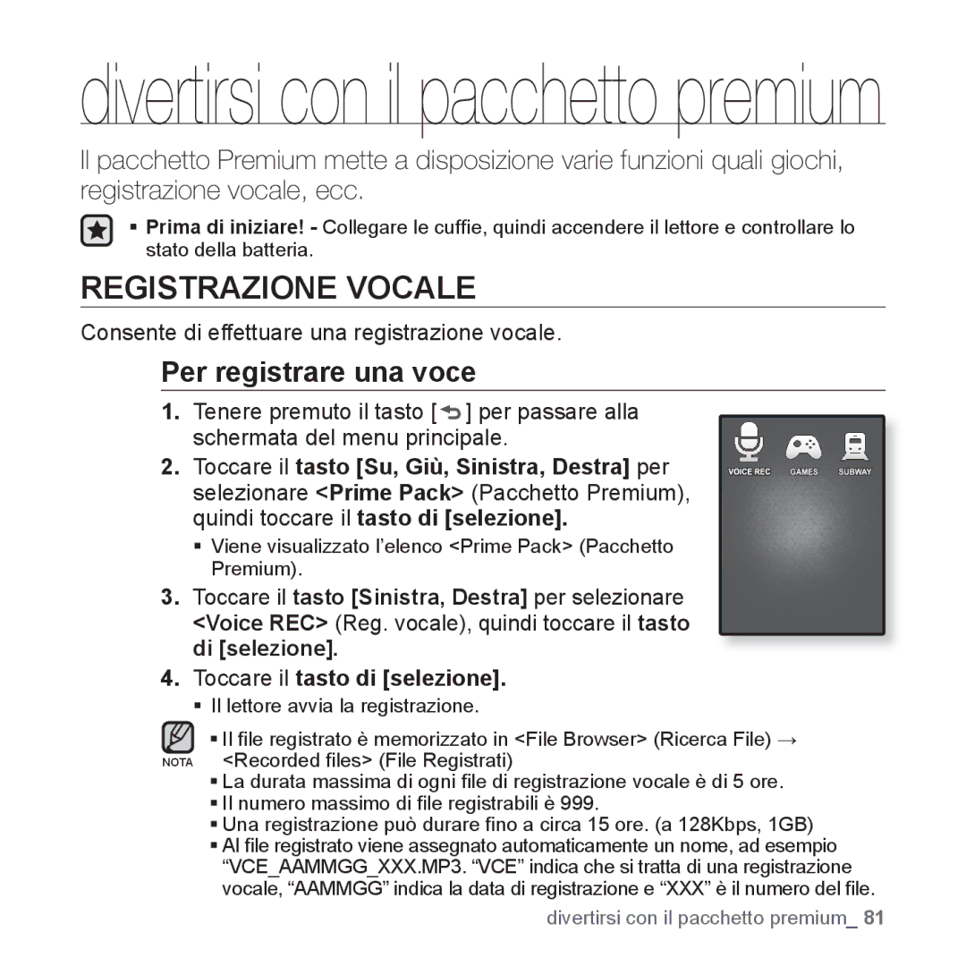 Samsung YP-Q1JCS/EDC manual Registrazione Vocale, Per registrare una voce, Consente di effettuare una registrazione vocale 