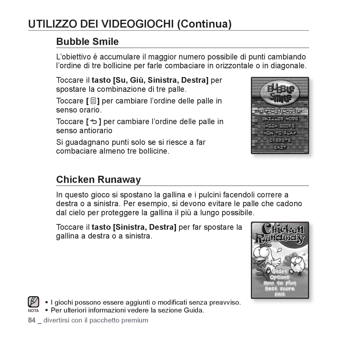 Samsung YP-Q1JAS/EDC, YP-Q1JES/EDC, YP-Q1JCS/EDC manual Utilizzo DEI Videogiochi Continua, Bubble Smile, Chicken Runaway 