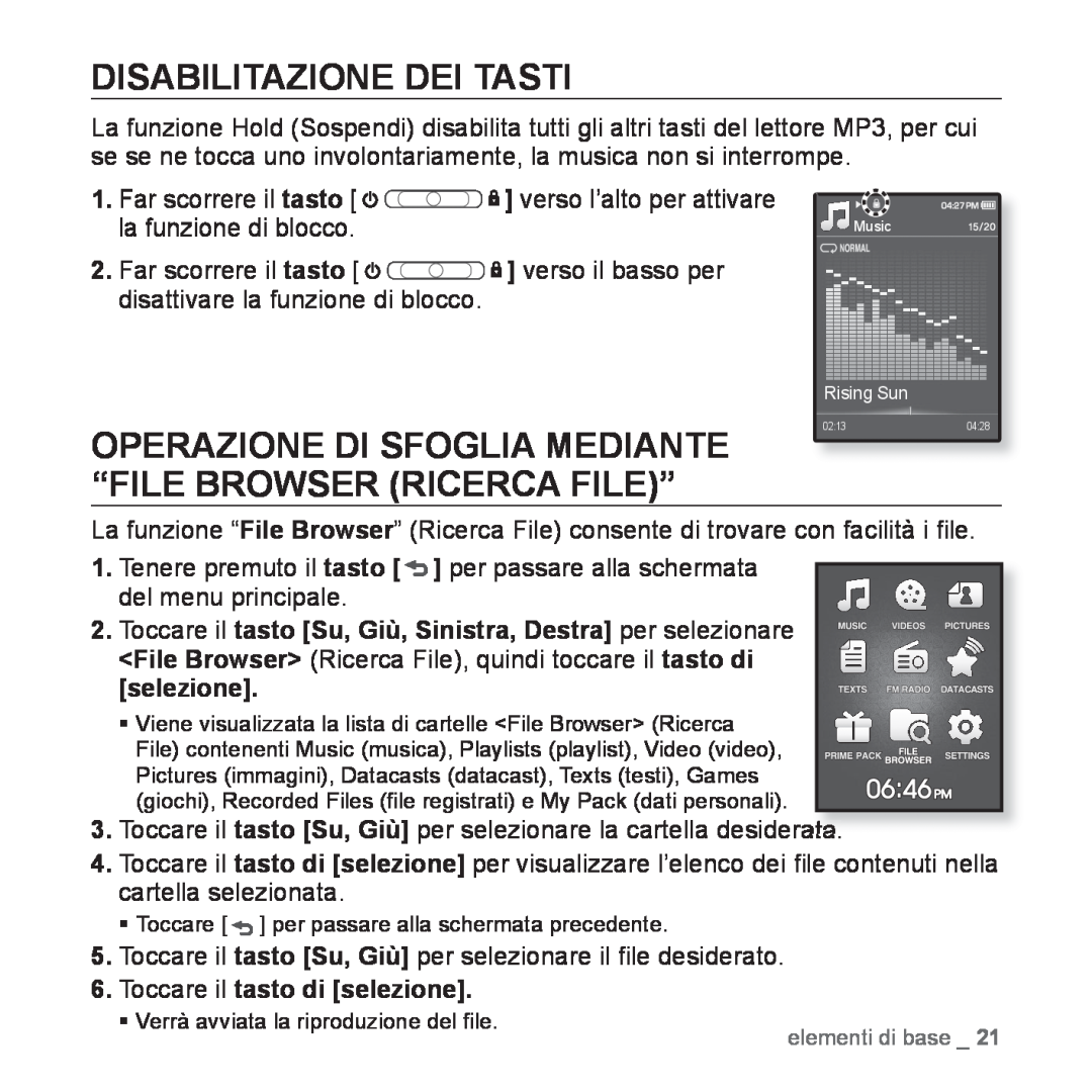 Samsung YP-Q1JCW/EDC Disabilitazione Dei Tasti, Operazione Di Sfoglia Mediante “File Browser Ricerca File”, selezione 