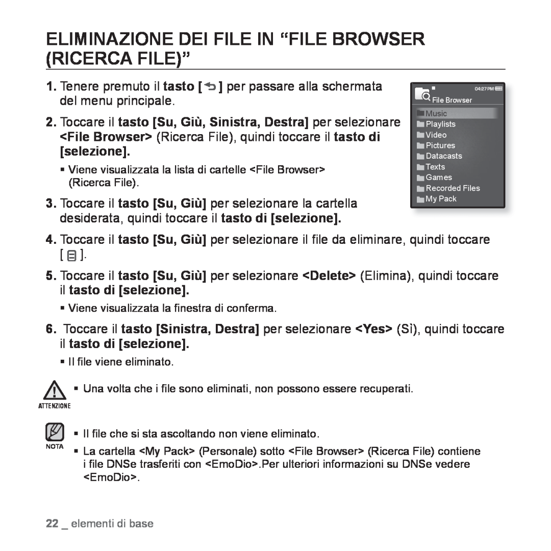 Samsung YP-Q1JAW/EDC, YP-Q1JES/EDC, YP-Q1JCS/EDC, YP-Q1JEB/EDC manual Eliminazione Dei File In “File Browser Ricerca File” 