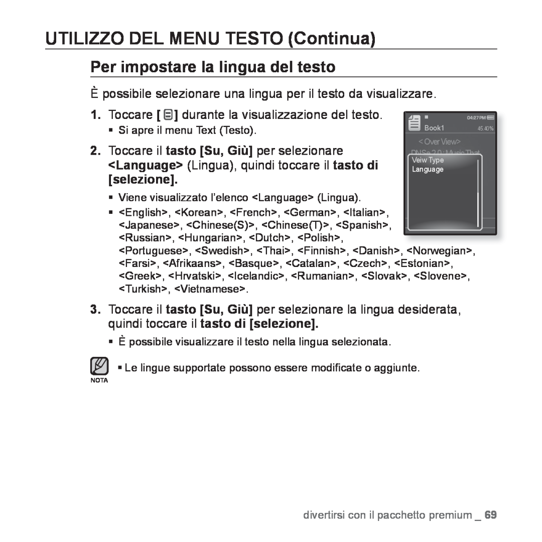 Samsung YP-Q1JCW/EDC, YP-Q1JES/EDC manual Per impostare la lingua del testo, UTILIZZO DEL MENU TESTO Continua, selezione 